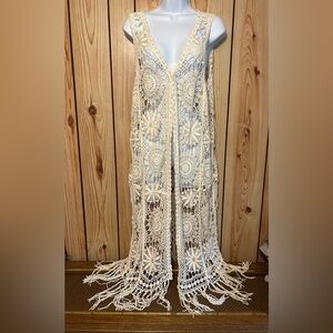Cato Ivory Crochet Vest with Fringe New Women’s Tunic Open Front Size M